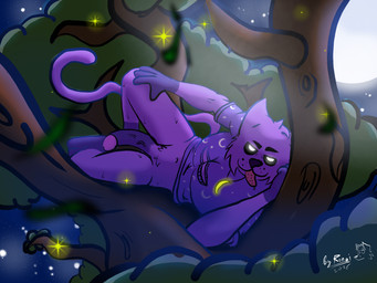 anthro clothing forest fur genitals glans light looking_at_viewer male moon moonlight night nude penis plant purple_body purple_fur smile solo tail tongue tongue_out topwear tree white_eyes ronai_fox mob_entertainment poppy_playtime smiling_critters catnap_(poppy_playtime) domestic_cat felid feline felis mammal 4:3 digital_media_(artwork) hi_res