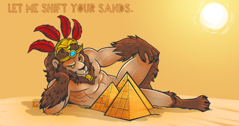 anthro biped convenient_censorship day desert eyebrows hairy headdress looking_at_viewer lying male muscular muscular_anthro muscular_male nude odalisque on_side outside pecs pyramid raised_eyebrow sand seductive simple_background sky smile smirk solo suggestive sun ena_buns draw_me_like_one_of_your_french_girls smite anhur deity felid lion mammal pantherine absurd_res hi_res meme