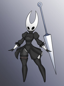 anthro black_clothing black_dress black_eyes black_legwear breasts cleavage clothed clothing cosplay crossover_cosplay dress empty_eyes featureless_feet feet female front_view grey_background grey_body legwear simple_background small_breasts solo thick_thighs white_body wide_hips mielle635 hollow_knight_(franchise) nier_automata platinumgames team_cherry hornet_(hollow_knight) yorha_2b arachnid arthropod spider absurd_res crossover hi_res