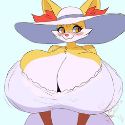 anthro big_breasts biped blush breasts clothing dress female hat headgear headwear huge_breasts hyper hyper_breasts orange_eyes solo white_clothing white_dress white_hat white_headwear phoxy nintendo pokemon niki_(dofunut) fennekin generation_6_pokemon pokemon_(species) 1:1 2025 absurd_res hi_res