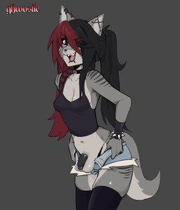 alternative_fashion anthro balls bottomwear bottomwear_down bracelet breasts cleavage clothed clothing collar countershading ear_piercing emo facial_piercing genitals gynomorph hair happy highlights_(coloring) humanoid_genitalia humanoid_penis intersex jewelry legwear long_hair navel nose_piercing nose_ring pants pants_down partially_clothed penis piercing presenting presenting_penis red_highlights ring_piercing sharp_teeth smile solo spiked_bracelet spikes standing tail teeth thigh_highs underwear underwear_down ghwostpawz gray_(ghwostpawz) domestic_cat felid feline felis mammal 2025 absurd_res hi_res nonbinary_(lore)