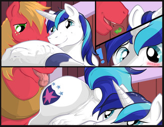 barn belly big_belly blue_eyes blue_mane blue_tail blush blush_lines bodily_fluids body_outline command detailed_background duo exclamation_point feral fur green_eyes hooves horn huge_belly imminent_oral imminent_rimming inside looking_at_another looking_back looking_back_at_another male male/male mane open_mouth pink_tongue raised_tail red_body red_fur saliva saliva_on_tongue speech_bubble sweat tail teeth tongue turn_around vore white_horn pandottermon friendship_is_magic hasbro my_little_pony mythology big_macintosh_(mlp) shining_armor_(mlp) equid equine horse mammal mythological_creature mythological_equine pony unicorn 2026 colored comic hi_res