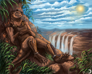 4_fingers 4_toes amber_eyes ambiguous_gender anthro armor black_claws black_lips black_nose bottomless brown_body brown_eyes brown_fur brown_pawpads canyon claws clothed clothing cloud day detailed_background digitigrade duo feet feral fingers footprint fur grass green_body high_place hindpaw inner_ear_fluff lips long_mouth looking_up lying membrane_(anatomy) mountain nature no_sclera on_back outside pawpads pawprint paws plant river scenic_view shadow size_difference sky snout solo_focus standing sun toes tuft water waterfall webbed_hands whiskers flashw otumeel lizard mammal mustelid otter reptile scalie 2015 5:4 detailed digital_media_(artwork) digital_painting_(artwork) painting_(artwork)