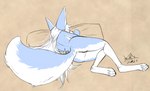 anthro blue_body blue_fur female female_anthro fur hair lying nude pillow simple_background sleeping solo white_body white_fur white_hair blokfort kalta_(blokfort) canid canine fennec_fox fox mammal true_fox 2023