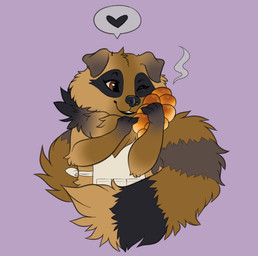 ambiguous_anthro ambiguous_gender anthro apron black_nose bread brown_body brown_eyes brown_fur clothing cuddling fluffy fluffy_tail food front_view fur multicolored_tail purple_background ruff simple_background smile solo tail crystalwhisker canid canine mammal raccoon_dog tanuki