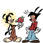 anthro blush blush_lines clothed clothing duo embarrassed eyes_closed flower gloves handwear happy love male male/male plant shy simple_background smile surprise surprised_expression white_background pickle_raye animaniacs animaniacs_(2020) disney goof_troop hulu warner_brothers max_goof yakko_warner canid canine canis domestic_dog inkblot mammal 1:1 hi_res