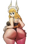 apron big_butt blonde_hair bra butt clothing female hair horn huge_butt huge_hips looking_at_viewer looking_back maid_headdress maid_uniform panties rear_view scut_tail short_tail solo tail thick_thighs underwear uniform wide_hips doublehero my_hero_academia tsunotori_pony horned_humanoid humanoid absurd_res hi_res