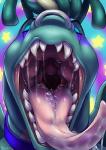 abstract_background antennae_(anatomy) blue_body blue_skin bodily_fluids facial_piercing fangs mouth_shot nose_piercing nose_ring open_mouth piercing ring_piercing saliva solo teeth tongue tongue_out ifus mythology dragon mythological_creature mythological_scalie scalie digital_media_(artwork)