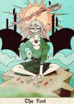 2018 3_fingers 3_toes anthro bat biped bottomwear card card_template clothed clothing digital_media_(artwork) english_text feet fingers fortune_telling fully_clothed fur green_bottomwear green_clothing green_topwear hair hi_res major_arcana mammal mask pink_nose red_eyes shane_frost simple_background sitting smile solo sun tarot tarot_card teeth text the_fool_(tarot) toes topwear white_body white_fur white_hair