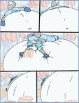 anthro belly big_belly blue_clothing blue_hair blue_shirt blue_topwear butt clothing female food freezer hair huge_belly hyper hyper_belly inside meat overweight shirt solo topwear weight_gain virus-20 wendy_wolf_(virus-20) canid canine canis mammal wolf 2023 comic