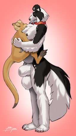 3_toes 4_toes 5_fingers amber_eyes animal_genitalia anthro anthro_on_anthro areola arm_markings balls big_balls big_sheath biped black_body black_claws black_ears black_finger_claws black_fur black_toe_claws blonde_eyebrows blonde_hair blue_eyes brown_areola brown_body brown_fur brown_nipples brown_nose button_ears carrying_another claws closed_smile collar countershade_arms countershade_face countershade_fur countershade_tail countershade_torso countershading dipstick_ears dipstick_tail duo ear_markings eye_contact eyebrows eyewear feet finger_claws fingers floppy_ears fully_sheathed fur fur_markings genitals glasses hair hand_on_another's_back hip_markings hug huge_balls huge_sheath hugging_another humanoid_hands hyper hyper_balls hyper_genitalia interspecies larger_anthro larger_male leg_markings looking_at_another male male/male male_anthro markings mouth_closed multicolored_body multicolored_ears multicolored_fur narrowed_eyes nipples nude nude_anthro nude_male pawpads pince-nez pink_background pink_pawpads plantigrade red_collar round_glasses sheath shoulder_markings simple_background size_difference slightly_chubby slightly_chubby_anthro slightly_chubby_male smaller_anthro smaller_male smile smiling_at_another standing tail tail_markings tan_body tan_countershading tan_fur tan_inner_ear three-quarter_view toe_claws toes two_tone_body two_tone_fur wearing_glasses white_body white_countershading white_fur white_inner_ear wide_hipped_anthro wide_hipped_male wide_hips blueblaster blue_(blueblaster) zed_roo border_collie canid canine canis collie domestic_dog herding_dog kangaroo macropod mammal marsupial pastoral_dog sheepdog digital_media_(artwork) full-length_portrait hi_res portrait signature