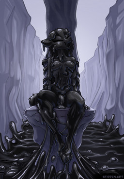after_transformation anthro bodysuit bound breasts clothing encasement female genitals goo_transformation green_eyes latex leaking_vagina looking_down nipple_piercing nipples one-piece_swimsuit piercing rock sitting skinsuit solo stone_wall striped_body stripes swimwear tight_clothing transformation vulva wall_(structure) stirren goo_creature living_latex hi_res