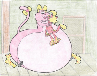 accessory anthro belly big_belly blonde_hair bottom_heavy bottomwear bow_on_head bow_ribbon chubby_cheeks clothing duo female footwear fur furgonomics hair larger_female male markings multicolored_body multicolored_fur obese obese_anthro obese_female overweight overweight_anthro overweight_female pink_body pink_fur red_body red_fur ribbons shoes size_difference skirt smaller_male tail tail_accessory tail_bow tail_ribbon torn_bottomwear torn_clothing torn_skirt two_tone_body two_tone_fur whiskers yellow_markings virus-20 20th_century_fox eek!_the_cat fox_kids nelvana annabelle_(eek!_the_cat) kyle_(kylestudios) domestic_cat felid feline felis mammal 2013 traditional_media_(artwork)