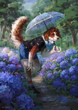 anthro blue_eyes bottomwear bracelet claws clothing denim denim_bottomwear denim_clothing denim_shorts detailed_background finger_claws flower footwear fur hydrangea jewelry leaning leaning_forward male nature_background outside plant raining red_body red_fur scarf shirt shoes shorts socks solo tail topwear tree umbrella white_body white_fur alsares bird_dog canid canine canis domestic_dog hunting_dog mammal spaniel 2026 digital_media_(artwork) hi_res