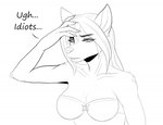 anthro black_and_white bra breasts canid canine claws clothing collarbone dainerissindra female fox fur hand_on_head looking_at_viewer mammal monochrome nails sigh sketch solo text the_sake_ninja true_fox underwear