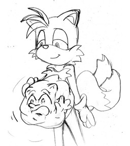 4_fingers abdominal_bulge anthro duo face_imprint fingers hand_imprint hand_on_belly imminent_digestion imprint male male_pred male_prey standing unwilling_prey vore kanada sega sonic_the_hedgehog_(series) miles_prower sonic_the_hedgehog canid canine eulipotyphlan fox hedgehog mammal 2011 monochrome sketch traditional_media_(artwork)