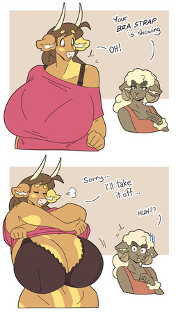 anthro big_breasts biped black_clothing bra breasts brown_body brown_hair cleavage clothed clothing clothing_lift dialogue duo eyelashes female hair huge_breasts pupils shirt shirt_lift text topwear underwear slightlysimian bra_strap_showing_(meme) bovid bovine caprine cattle mammal absurd_res hi_res meme