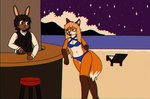 alcohol anthro bartender beach beverage bikini blonde_hair blue_bikini blue_clothing blue_swimwear brown_eyes brown_hair clothing cloud duo female hair long_hair male male/female mountain night purple_eyes star suit swimwear two-piece_swimsuit crischar_foxito zury_(crischar_foxito) canid canine fox lagomorph leporid mammal rabbit chromatic_aberration hi_res