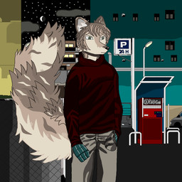 anthro car city clothing ears_up male moon night sky solo star starry_sky tail vehicle walking lackydayz canid canine mammal 1:1 digital_media_(artwork) hi_res