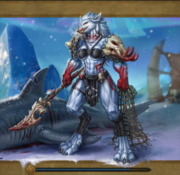 3_toes 4_fingers abs anthro athletic athletic_anthro athletic_female black_nose blood bodily_fluids bottomwear breasts clothed clothed_anthro clothed_female clothing feet female fingers fur hair hindpaw humanoid_hands hunter leg_wraps loading_bar loincloth melee_weapon navel net paws polearm shoulder_pads snow solo spear toes tribal weapon white_body white_fur white_hair wraps snook-8 blizzard_entertainment warcraft kynis_kalu'ak aquatic canid fish mammal shark werecanid werecreature worgen hi_res