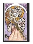 anthro art_nouveau blonde_hair blue_eyes clothing dress female flower hair looking_at_viewer mucha plant smile solo tail terrie_smith felid mammal 2002 absurd_res hi_res signature traditional_media_(artwork)