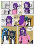 2021 ailurid anthro blue_hair blush breasts clothed clothing comic dialogue english_text eyes_closed female fiona_(artist) group hair herm_(lore) hi_res inside jeanette_(xelaaredn) mammal mephitid nicole_(xelaaredn) purple_hair red_panda signature skunk smile text towel veronica_(natani) young young_anthro