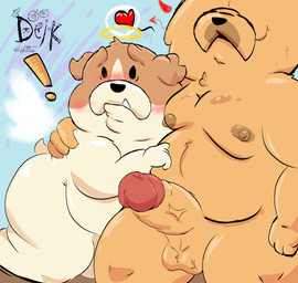 anthro balls big_muscles big_penis blush close-up duo erection exclamation_point genitals heart_symbol holding_another huge_penis knot male male/male muscular nipples nude obese overweight penis simple_background sitting slightly_chubby smile ugly-rat15508 dogs_in_space netflix jerry_(dogs_in_space) loaf_(dogs_in_space) bulldog canid canine canis chow_chow domestic_dog mammal mastiff molosser spitz absurd_res digital_media_(artwork) hi_res