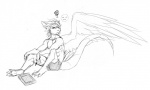 4_toes anthro clothing drawing_tablet feathered_wings feathers feet frown male simple_background solo tablet tail toes underwear white_background wings cerezo mythology siegfried angel_dragon dragon feathered_dragon feathered_scalie mythological_creature mythological_scalie scalie black_and_white monochrome sketch