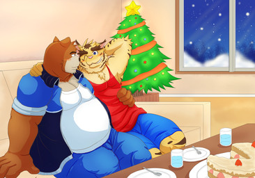 anthro blue_bottomwear blue_clothing blue_pants bottomwear christmas_decorations christmas_lights christmas_star christmas_tree christmas_tree_robes clothing duo holidays male male/male pants plant red_clothing red_shirt red_tank_top red_topwear shirt tank_top topwear tree white_clothing white_shirt white_topwear wo christmas morenatsu juuichi_mikazuki torahiko_ooshima bear felid mammal pantherine tiger 2022
