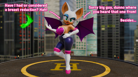 anthro big_breasts breasts building cleavage clothed clothing dialogue female hand_on_hip helipad looking_at_viewer modern_architecture outside skyscraper solo text thick_thighs tight_clothing urban inklovingggg nottanj_(modeler) sega sonic_the_hedgehog_(series) rouge_the_bat bat mammal 16:9 3d_(artwork) 4k absurd_res alternate_version_at_source digital_media_(artwork) english_text hi_res widescreen