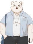 anthro bottomwear clothing humanoid_hands kemono male pants scar shirt simple_background slightly_chubby solo topwear white_background white_body hagom bear mammal polar_bear ursine 2022 hi_res