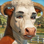 anthro barn blue_sky blurred_background brown_eyes curved_horn day depth_of_field detailed_background detailed_fur ear_piercing ear_tag eyelashes farm fence field front_view fur glistening glistening_eyes hair hill horn lips looking_at_viewer male outside piercing pink_lips pink_nose realistic realistic_anthro road sky smile snout solo teeth whiskers white_body white_fur white_hair windmill sinealas apollo_(caldariequine) bovid bovine cattle hereford_cattle mammal 1:1 bust_portrait detailed digital_media_(artwork) digital_painting_(artwork) icon portrait