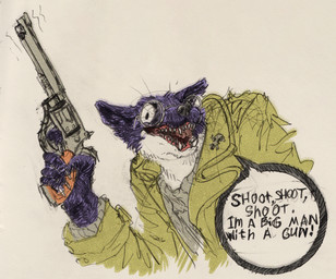 .357_magnum anthro black_body black_fur black_nose claws clothing coat colt_python countershade_neck countershading crazy_eyes creepy creepy_face dialogue evil_face evil_look eyewear fur glasses gun handgun holding_gun holding_handgun holding_object holding_ranged_weapon holding_revolver holding_weapon looking_at_viewer lyrics male open_mouth pince-nez ranged_weapon revolver scary serial_killer sharp_teeth simple_background solo speech_bubble tan_background teeth text topwear trenchcoat weapon white_body white_fur azonbobcat nine_inch_nails jack_salem gulonine mammal marten mustelid musteline sable_(marten) 2023 english_text hi_res traditional_media_(artwork)