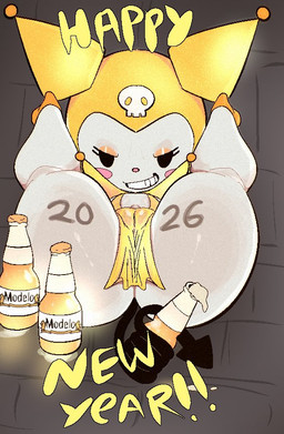 anthro beer_bottle big_butt black_eyes black_tail blush blush_stickers body_writing bottle butt camel_toe clothed clothed_anthro clothed_female clothing container exclamation_point eyelashes female female_anthro fur glistening_eyeshadow gold_eyeshadow gold_headgear gold_headwear golden_clothing golden_high_heels grin half-closed_eyes headgear headwear holding_object_with_tail holidays hood looking_at_viewer narrowed_eyes pink_blush pink_nose print_clothing print_headgear print_headwear print_hood round_nose skull_print smile smug_grin solo spade_tail spread_legs spreading tail text thick_thighs white_body white_butt white_fur wide_hipped_anthro wide_hipped_female wide_hips writing_on_thigh yellow_text meweeze anheuser-busch_inbev_sa/nv modelo_(beer) new_year onegai_my_melody sanrio kuromi demon lagomorph leporid mammal rabbit 2026 english_text