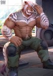 abs anthro beard belt bench biceps blue_eyes bodily_fluids body_hair boots bottomwear brown_body brown_fur claws clothed clothing exercise facial_hair fangs finger_claws footwear fur grey_stripes hair happy_trail knee_pads looking_at_viewer male multicolored_body multicolored_fur muscular muscular_anthro muscular_male mustache nipples on_bench one_eye_closed open_mouth pants pecs sharp_teeth shoes sitting smile solo striped_body striped_fur stripes sweat sweaty_chest teeth tire tongue topless towel triceps white_body white_fur white_hair wiping_forehead wiping_sweat workout physen final_fantasy final_fantasy_xiv square_enix felid hrothgar mammal 2020 absurd_res hi_res