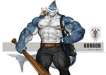 abs anthro bag baseball_bat bat_(object) biceps blue_body bottomwear clothing duo fin male muscular muscular_anthro muscular_male nipples pants pecs scar smile teeth vein veiny_muscles traver009 alchemy_stars korgon_(alchemy_stars) domestic_cat felid feline felis fish mammal marine shark absurd_res hi_res