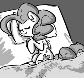 ?_face bed bed_sheet bedding clothing cutie_mark duo eyes_closed female feral furniture lying male micro on_bed on_side size_difference sleeping spooning unknown_artist friendship_is_magic hasbro my_little_pony anon pinkie_pie_(mlp) earth_pony equid equine horse human mammal pony hi_res monochrome