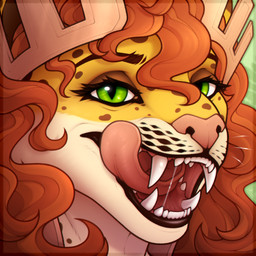 anthro bodily_fluids bronze_(metal) crown curly_hair fangs female fur green_eyes hair headgear lips mouth_shot open_mouth orange_hair saliva saliva_string solo spots teeth tongue tongue_out whiskers yellow_body yellow_fur zegzagun felid jaguar mammal pantherine 1:1 hi_res