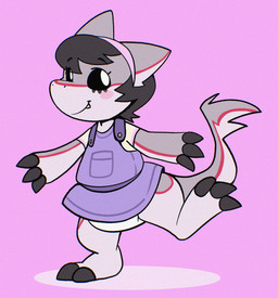 3_fingers 3_toes accessory ambiguous_gender anthro black_claws black_finger_claws black_hair black_sclera black_toe_claws blush blush_stickers claws clean_diaper clothed clothing diaper feet fingers fur grey_body grey_ears grey_fur grey_tail hair headband looking_back multicolored_body multicolored_ears multicolored_fur multicolored_tail on_one_leg overall_dress overalls pink_background pink_headband red_body red_ears red_fur red_tail shirt simple_background smile snaggle_tooth solo standing tail toes topwear wearing_diaper white_diaper yellow_clothing yellow_shirt yellow_topwear young bubblepuppers cryo_lithius sergal hi_res