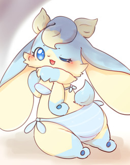 big_butt bikini blue_body blue_eyes blue_fur blush breasts butt chibi clothed clothing dewlap_(anatomy) female floppy_ears fur kemono long_ears looking_at_viewer looking_back looking_back_at_viewer lop_ears multicolored_body multicolored_fur one_eye_closed open_mouth open_smile presenting presenting_hindquarters rear_view semi-anthro simple_background small_breasts smile solo swimwear swirl tan_body tan_fur thick_thighs topwear two-piece_swimsuit two_tone_body two_tone_fur wink winking_at_viewer sakaeguchi_okarina sofu_(pyritie) lagomorph leporid mammal rabbit 2021 digital_media_(artwork) hi_res