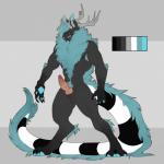 4_fingers 4_toes abs alternate_species animal_genitalia anthro antlers arm_tuft armpit_hair balls biceps big_tail biped black_balls black_body black_fur black_nipples black_tail blue_body blue_eyes blue_fur blue_hair blue_tail blue_tongue body_hair claws color_swatch digitigrade elbow_tuft erection feet fingers front_view fur genitals grey_background grey_horn grey_nose hair horn huge_tail hybrid_genitalia hybrid_penis knot leg_tuft long_tail looking_at_viewer male markings multicolored_body multicolored_fur multicolored_tail muscular muscular_anthro muscular_male neck_tuft nipples nude penile_spines penis pink_penis pubes ridged_penis ring_(marking) ringed_tail sheath simple_background solo standing striped_markings striped_tail stripes tail tail_markings tail_tuft teeth toe_claws toes tongue tongue_out tuft white_body white_fur white_tail booou asura_(character) deer mammal monster 1:1 2015 digital_media_(artwork) hi_res model_sheet