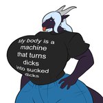 big_breasts black_clothing black_shirt black_topwear blue_bottomwear blue_clothing blue_eyes blue_pants bottomwear breasts clothed clothing denim denim_bottomwear denim_clothing female grey_horn hair hand_on_hip horn huge_breasts humor jeans long_hair pants purple_body purple_scales red_tongue scales shirt simple_background small_head solo tail text text_on_clothing text_on_shirt text_on_topwear thick_thighs tongue tongue_out topwear white_background white_hair white_text wide_hips lunisnightwind my_body_is_a_machine mythology liena_blackheart dragon mythological_creature mythological_scalie scalie 1:1 digital_drawing_(artwork) digital_media_(artwork) english_text flat_colors half-length_portrait hi_res portrait