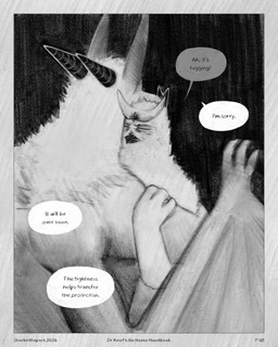 3_fingers anthro beak bodily_fluids border claws dialogue duo eyebrows eyes_closed fingers horn hug male saliva size_difference speech_bubble text wince wing_claws wings sharkinthepark all_mighty_lord_(sharkinthepark) avian bat bird mammal owl 2026 4:5 absurd_res comic english_text greyscale hi_res monochrome