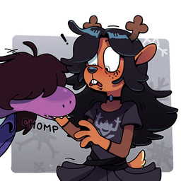 adolescent alternate_costume alternative_fashion anthro antlers bite biting_hand black_eyeshadow black_hair black_nose brown_body brown_fur buckteeth choker chomp clothing duo exclamation_point eyeshadow female fishnet_clothing fishnet_topwear freckled_face freckles fur goth hair horn jewelry makeup necklace surprised teeth topwear young young_anthro young_female discount-supervillain deltarune undertale_(series) noelle_holiday susie_(deltarune) deer mammal reptile scalie 1:1 2025