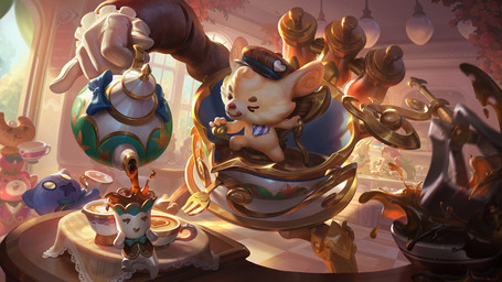 ambiguous_gender anthro beverage brown_body brown_fur clothing container cup day detailed_background food fur group hat headgear headwear holding_container holding_cup holding_object holding_tea_cup inside lamp machine male one_eye_closed plushie smile tea tea_cup tongue tongue_out window yuyu_wong league_of_legends riot_games tencent rumble_(lol) animate_inanimate food_creature humanoid living_cup living_plushie yordle 16:9 digital_media_(artwork) hi_res official_art widescreen