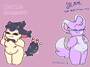 anthro black_eyes blue_eyes breasts digit_ring duo eyelashes eyes_closed featureless_crotch female front_view jewelry nipples overweight overweight_anthro overweight_female pokemorph ring small_breasts text thick_thighs wedding_ring wide_hips conditional_dnp tuvandalist nintendo pokemon dazzle_(tuvandalist) fan_character glam_(tuvandalist) chinchilla chinchillid felid feline generation_3_pokemon generation_5_pokemon mammal minccino pokemon_(species) rodent skitty character_name english_text hi_res model_sheet species_name