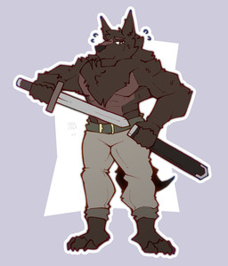 anthro bottomwear clothed clothing male male_anthro melee_weapon pants pants_only scabbard solo standing sword text topless weapon telltalecoyote lyre_(visual_novel) lyall_(lyre) canid canine canis mammal wolf 2024 artist_name dated hi_res