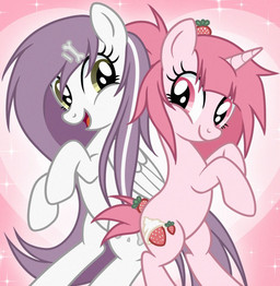 bone cutie_mark duo eyelashes female feral food fruit hair horn long_hair open_mouth pink_body pink_hair plant purple_hair smile strawberry tail white_body wings ponymoe hasbro my_little_pony mythology bonnie_bones_(ponymoe) strawberry_cream_(ponymoe) equid equine mammal mythological_creature mythological_equine pegasus unicorn digital_media_(artwork) hi_res