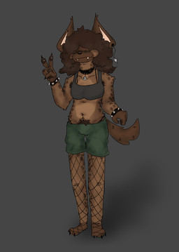 ambiguous_gender anthro armpit_hair black_claws body_hair bottomwear bracelet brown_body brown_fur brown_hair brown_pawpads choker claws clothed clothing ear_piercing ear_ring fangs feet feminine fingers fishnet_clothing fishnet_legwear fur hair jewelry legwear looking_at_viewer male markings navel necklace pawpads piercing pubes ring_piercing shadow simple_background slim smile solo spiked_bracelet spikes spots standing tail teeth topwear wavy_hair dafluidyeen maple_fay_(dafluidyeen) hyena mammal spotted_hyena 2026 colored digital_drawing_(artwork) digital_media_(artwork) full-length_portrait portrait procreate_(artwork) shaded genderfluid_(lore)