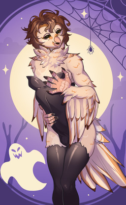 anthro beak brown_body brown_fur brown_hair claws clothing femboy fur hair holidays latex latex_clothing latex_skinsuit male moon pose skinsuit smile solo spider_web tight_clothing wings drkot halloween avian bird ghost owl spirit absurd_res hi_res pinup